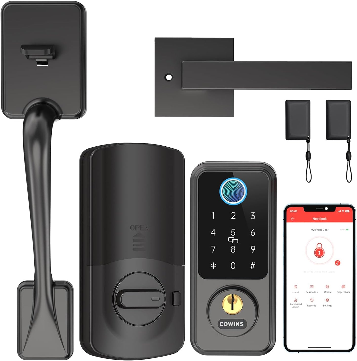 Cowins Smart Lock with Front Door Handle Set - Keyless Entry Door Lock with Handleset - Smart Deadbolt Door Lock for Front Door - Bluetooth Door Lock with Keypad - Fingerprint Biometric Auto Lock