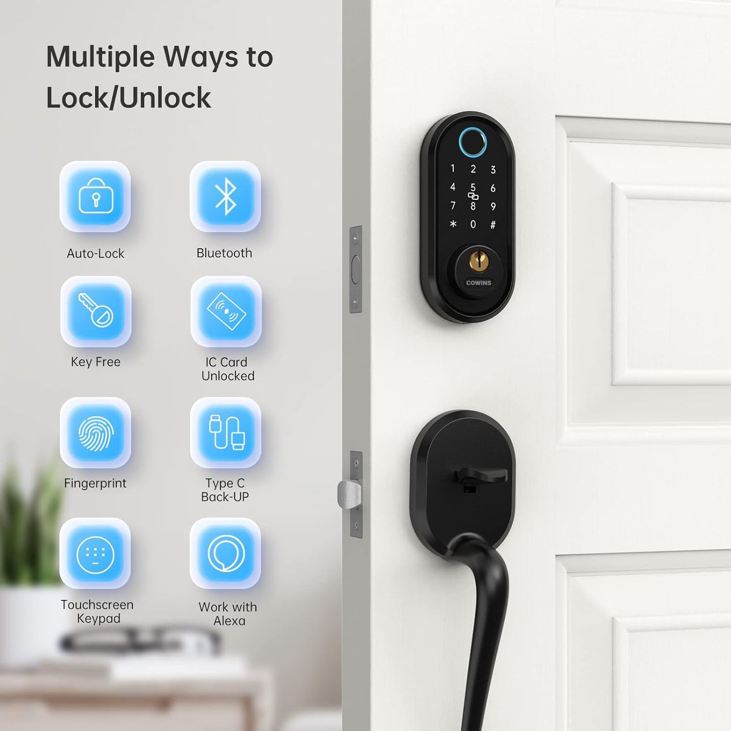 Cowins Smart Lock, Fingerprint Door Lock Smart Deadbolt Keyless Entry - Electronic Digital Keypad with Biometric Fingerprint, Smartphone App Auto Lock Bluetooth Keys Fobs Smart Lock for Alexa, Home