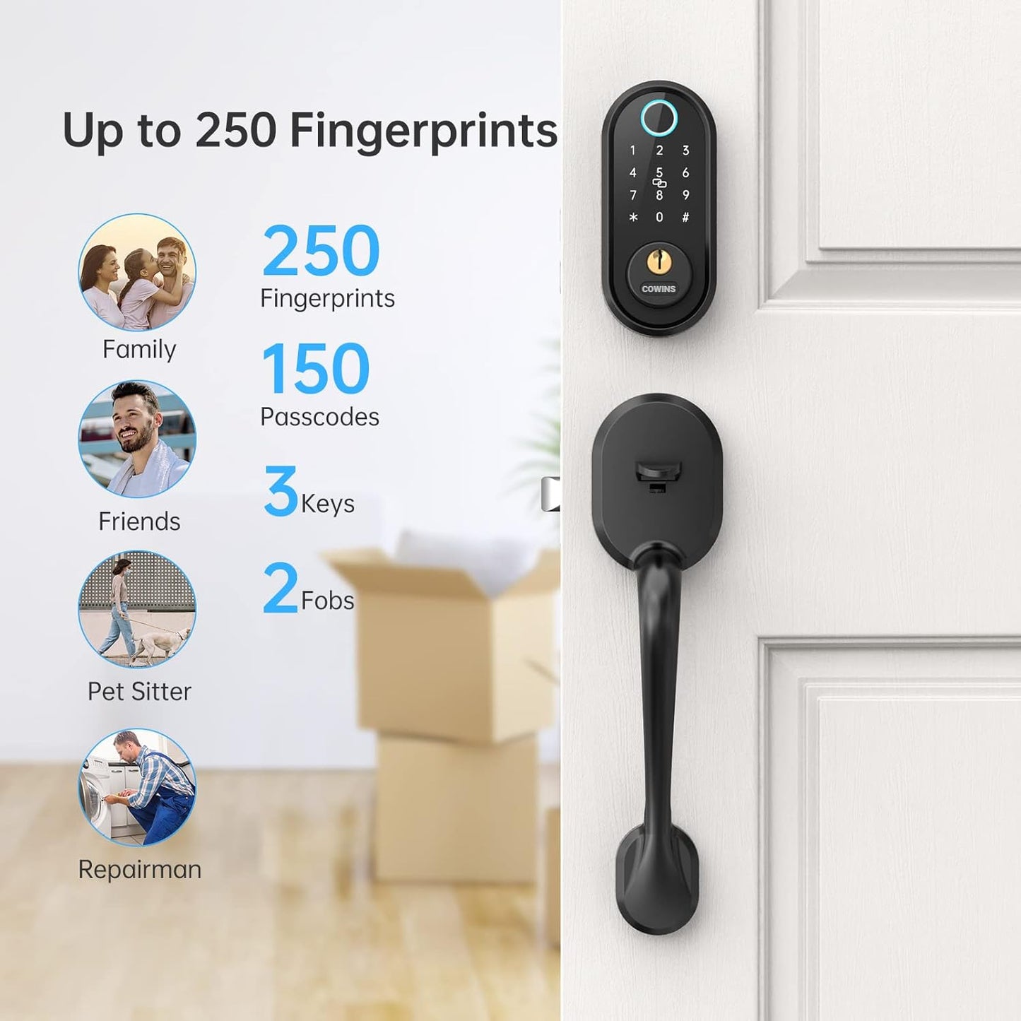 Cowins Smart Lock, Fingerprint Door Lock Smart Deadbolt Keyless Entry - Electronic Digital Keypad with Biometric Fingerprint, Smartphone App Auto Lock Bluetooth Keys Fobs Smart Lock for Alexa, Home