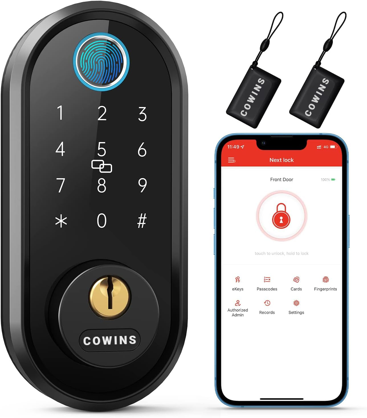 Cowins Smart Lock, Fingerprint Door Lock Smart Deadbolt Keyless Entry - Electronic Digital Keypad with Biometric Fingerprint, Smartphone App Auto Lock Bluetooth Keys Fobs Smart Lock for Alexa, Home